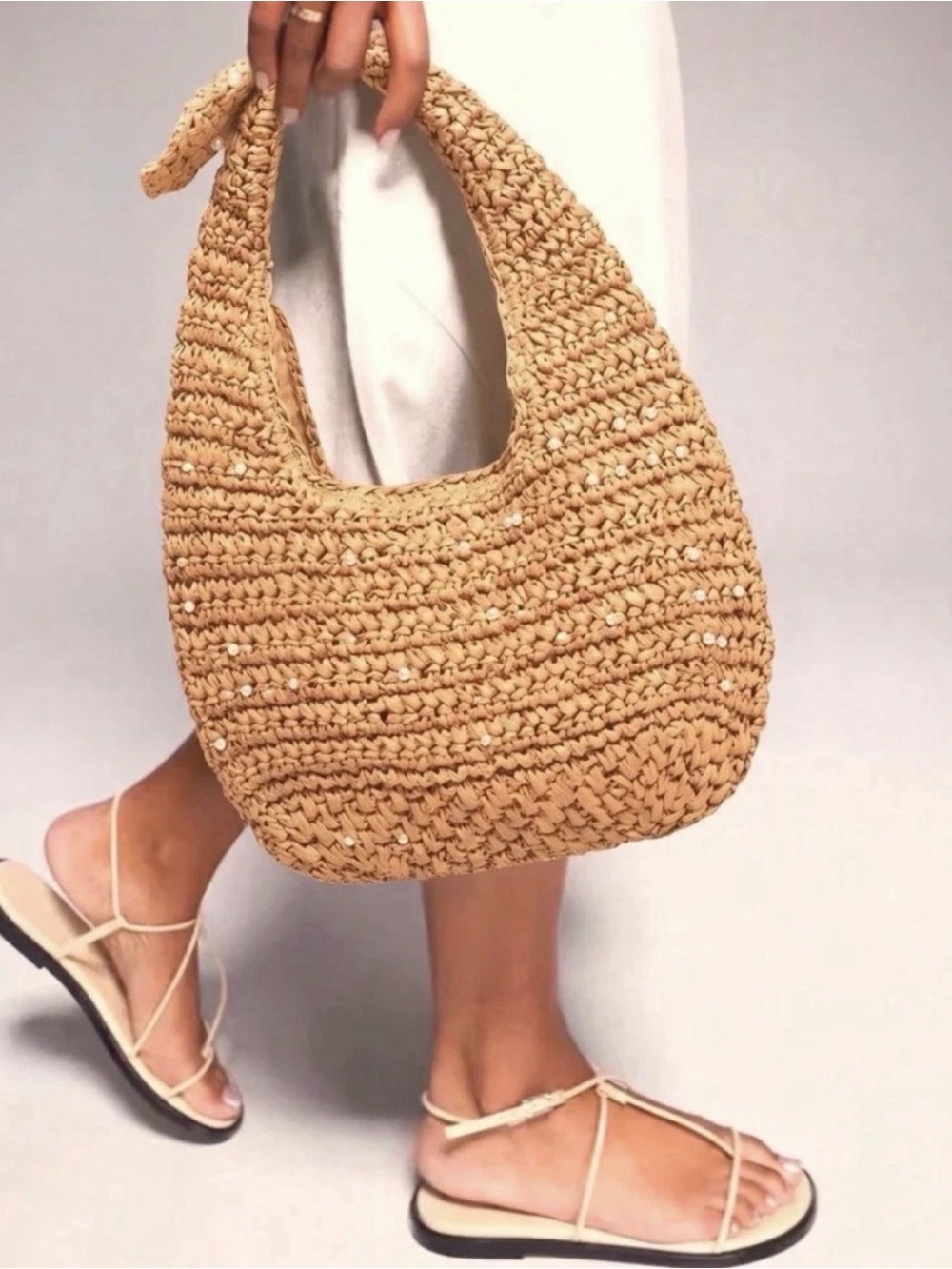 Haute Hippie Beige Woven Hobo Bag - Beige Straw, Pearl accents, zipper closure.